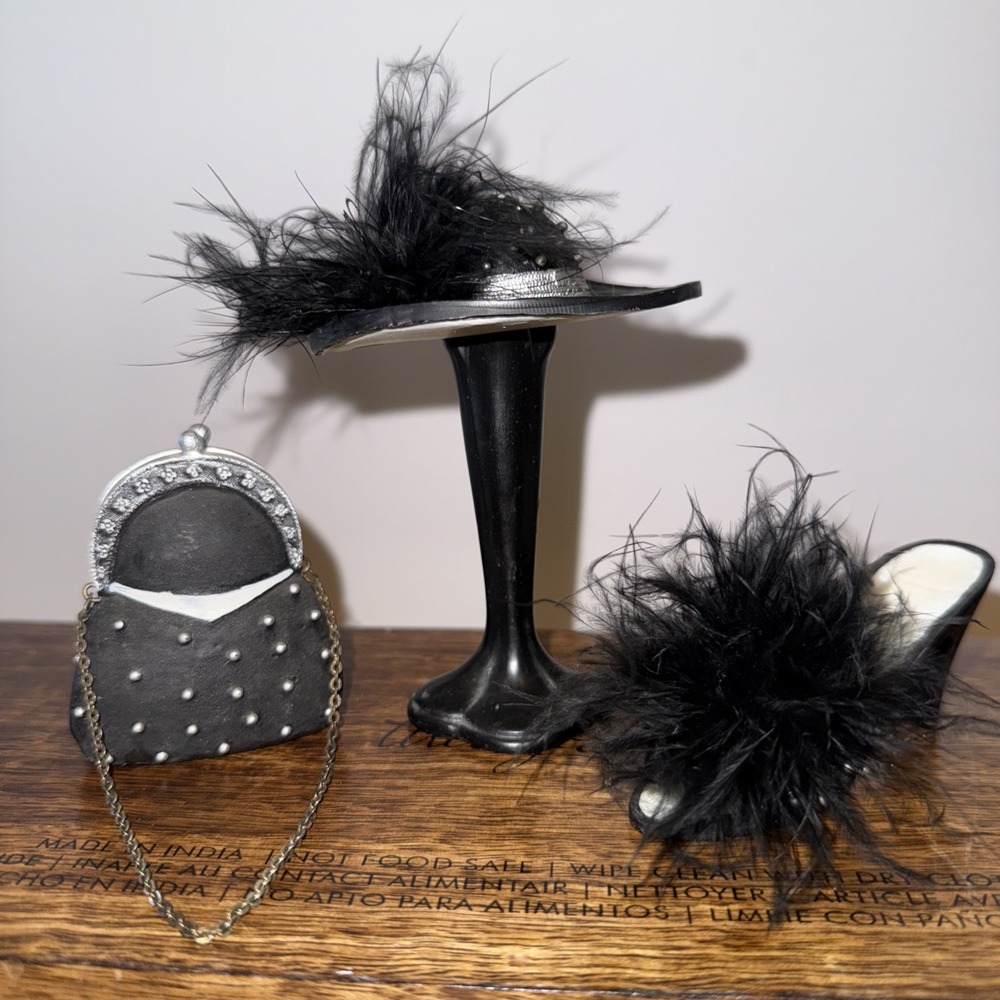 Mini Black High Heeled Shoe, Purse, Wide Brimmed‎ Hat, Stand -Resin Figurines